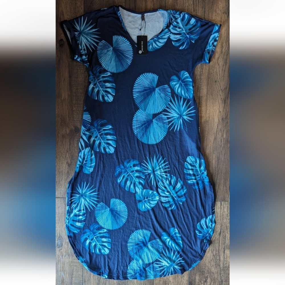 Zilcremo Navy Blue w/ Fronds Print Maxi Women's Dress Size XXL NWT! Pockets!